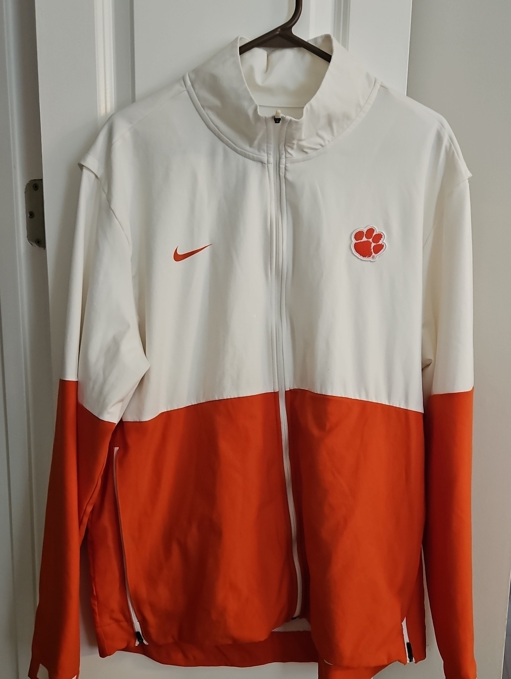 Nike White and Orange Colorblock Full-Zip Varsity Jacket